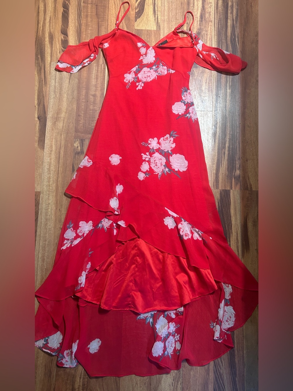 Lulus Love in Bloom Red Floral Print Off-the-Shoulder High-Low Dress